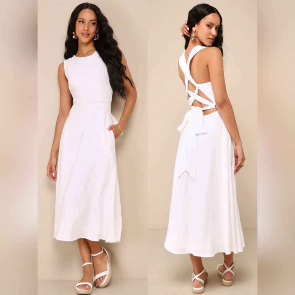 Lulus Linen Cotton Blend Pocket Kriss Kross Open Back Midi Dress